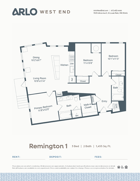 Floor plan for 3 beds, 2 baths, 1455 sqft